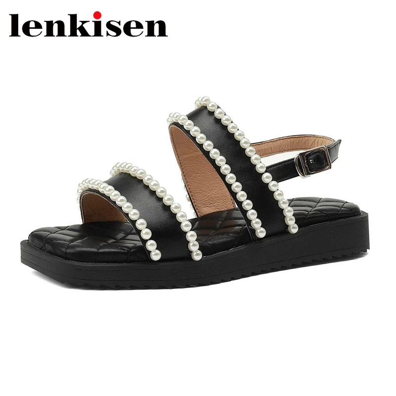 Lenkisen Genuine Leather Peep Toe Thick Bottom Platform Summer Shoes Pearl Decoration Leisure Fashion Solid Women Sandals L65