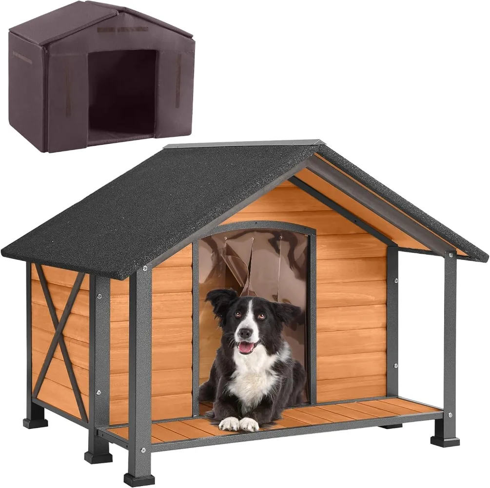 Dog House with Insulated Liner Outdoor All-Around Iron Frame Dog Kennel Outside with Overhang Roof Large Porch Weatherproof