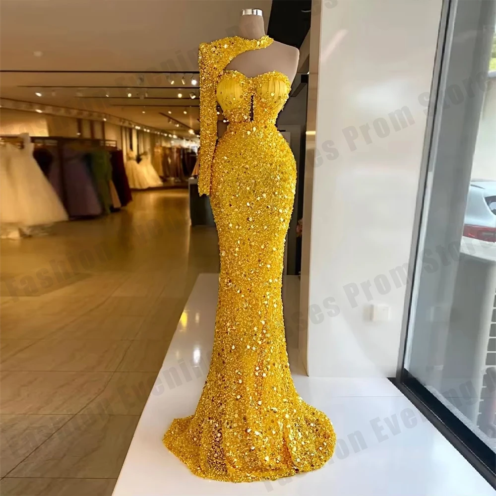 2026 Gold Damen Abendkleider Meerjungfrau One Shoulder Sleeve Prinzessin Ballkleid Formal Cocktail Prom Party Maßgeschneiderte Roben De