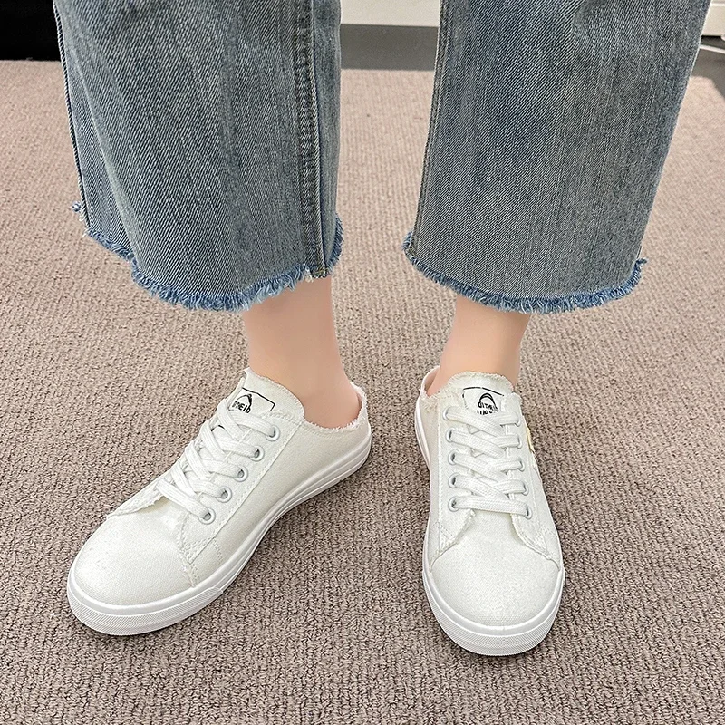 Blue Denim Women\'s Slippers 2024 Summer New Canvas Shoes Fashion Low Upper Lace Up Casual Sneakers Women Zapatos De Mujer