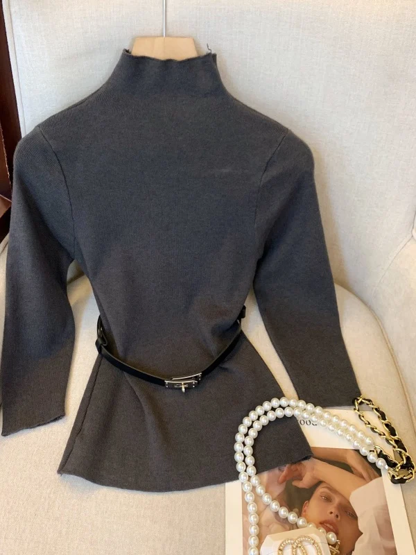 Slim Fit haute Ne tricot pull Base irt femmes automne hiver ceinturé sept Sve à capuche couleur doux Sle chinois fait