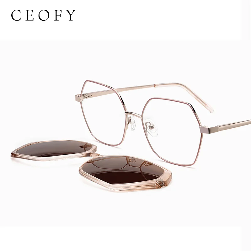 Ceofy Women Fashion Glasses Frame Sun Clip Polarized Sunglasses Optical Prescription Myopia Polygon Eyeglasses Frame Women