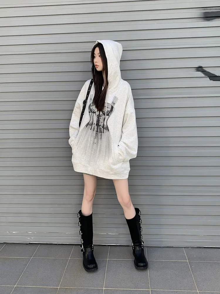 Flower Gray Hooded Sweatshirt For Women'S Spring And Autumn New Style Dance Skirt With Printed Design, Loose Shoulder Top