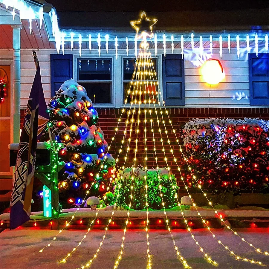 Cadena de luces de estrella de Navidad para exteriores, 9x2m, 190 LED, cascada de árbol con estrella de adorno, 8 modos para boda, decoración de fiesta de vacaciones