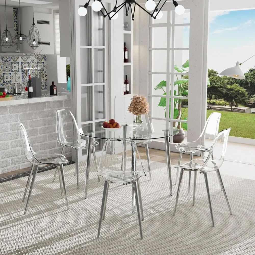 

Clear Round Glass Dinings Table Set for 6, Circle Dining Table Set for 6, 40'' Small Round Dinings Table Set, 7 Piece Dining Set