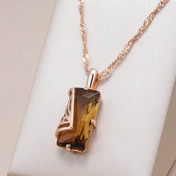 Kinel Fashion Light Brown Natural Zircon Pendant Necklace for Women Simple Square 585 Rose Gold Color High Quality Daily Jewelry