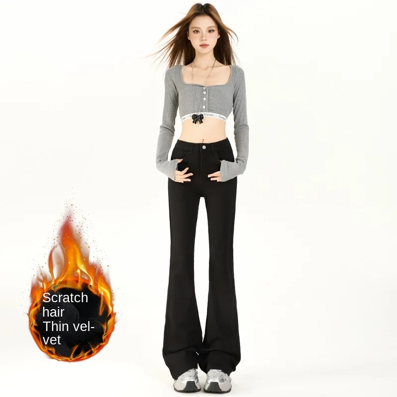 

Женские широкие джинсы с высокой талией Y2K, черные расклешенные брюки на флисовой подкладке, тонкие винтажные ретро-модные повседневные брюки 2025