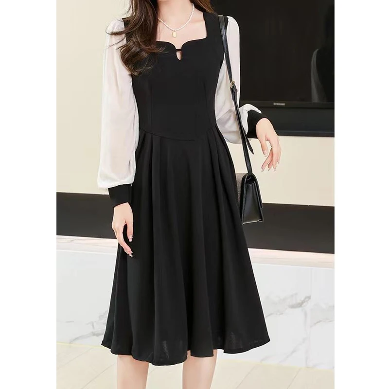 Spring Autumn Women Fashion Elegant Square Neck Party Dresses Female Patchwork Long Sleeve Pleated Midi Dress Slim Fit Vestidos