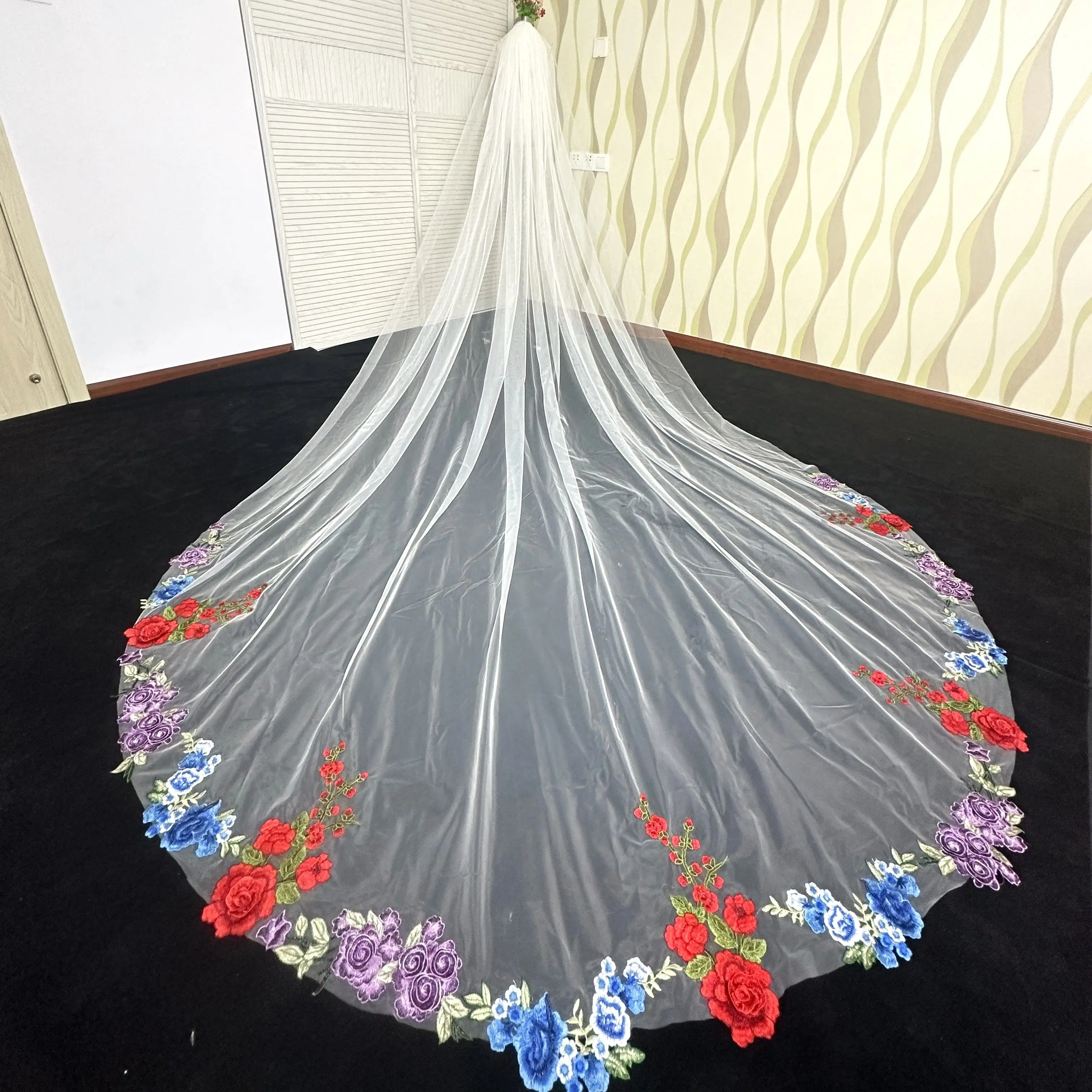 New Pattern Cathedral Length Bridal Veil Fancy Pattern Lace Veil Wide Veil 1-Layer Wedding Veil Metal Comb Realistic Photo