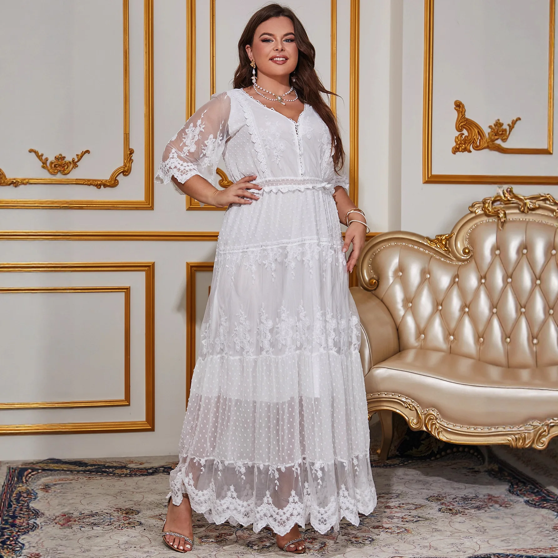 

2025 летняя новая женская одежда больших размеров, кружевное платье с v-образным вырезом и короткими рукавами для женщин, летнее платье 2025 года, халат, Vestido, женское элегантное платье