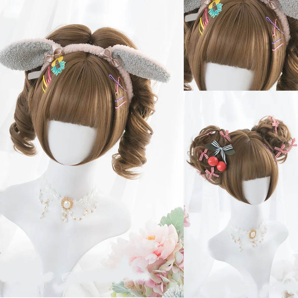 Synthetic Short Wavy Curly Tea brown Wigs With Bangs Synthetic Lolita Cosplay Natural Women Hair Wig For Daily Party