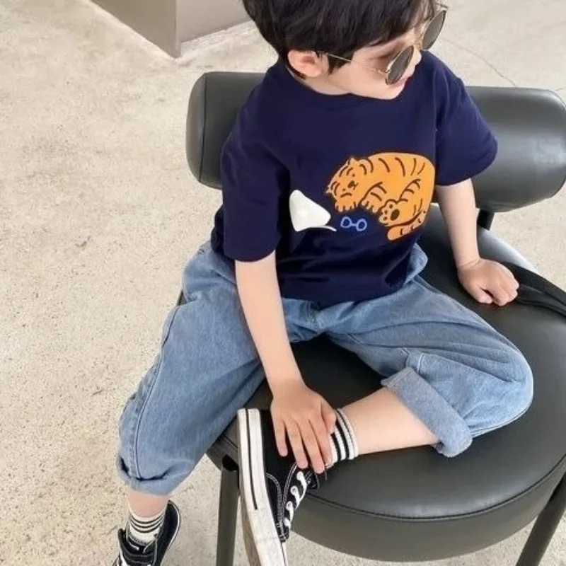 100% Cotton Boys' Tiger Print Short Sleeve T-Shirt Round Neck Base Layer Baby Toddler Summer Trendy 2026 New Style