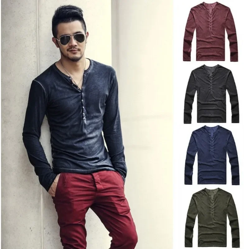 

2025 Long Sleeve Men T-shirt Solid Color Casual V Neck Thin Buttons T-shirt Male Clothing Streetwear Casual Fashion T-shirt