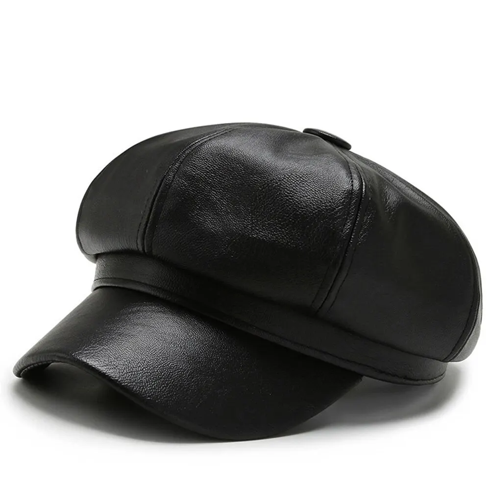 Autumn and Winter Leather Octagonal Hat Women\'s British Style Retro Casual Beret Cute Fashion Versatile