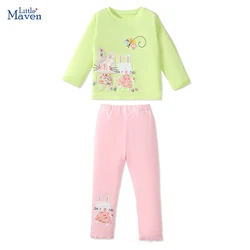 Little maven 2024 Autumn Baby Girls Embroidered Cartoon Cats T shirts Tops+ Legging Sets Kids Clothes Children's Clothing Cotton