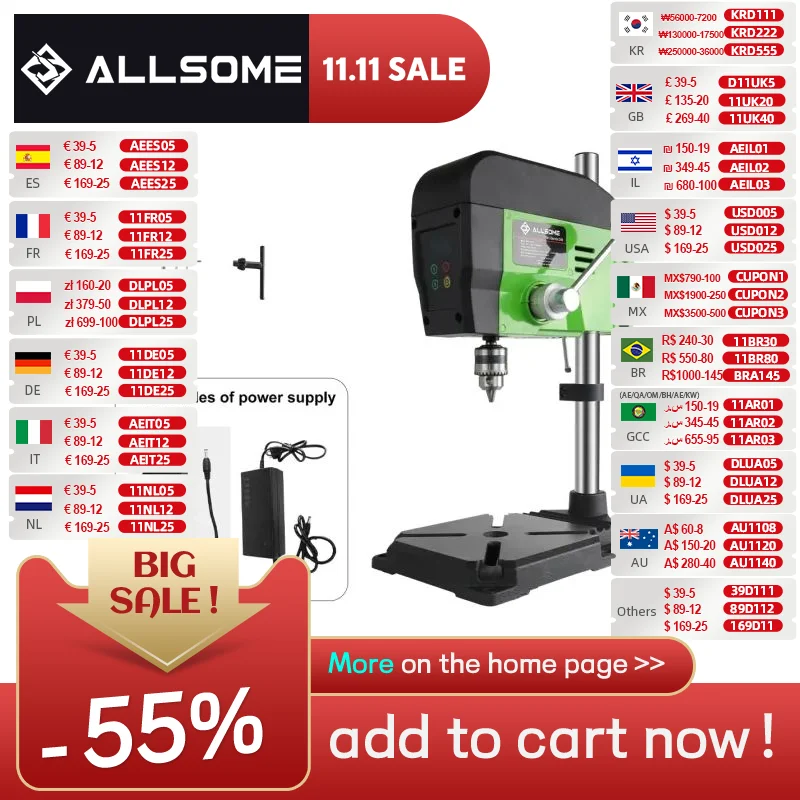 Allsome-ferro Fundido Benchtop Drill Press Máquina de Perfuração Compatível para Makita 18v Bateria e 220v ac Adaptador Velocidades
