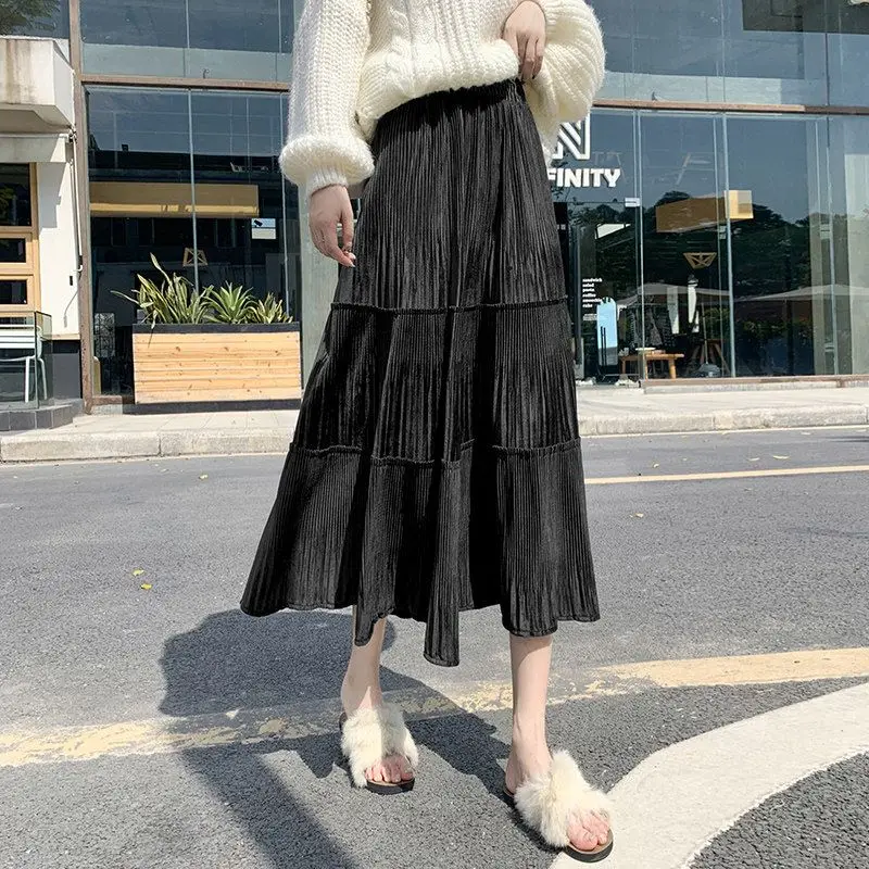 2023 Autumn Winter New Solid Color Elastic Waist Pleated Patchwork A-line Skirt Women Casual Vintage Elegant Female Clothing