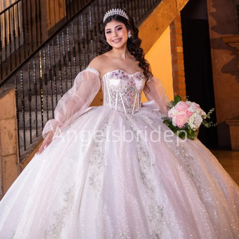 

Angelsbride Ivory GlitteringTulle Vestidos De Festa Ball Gown Quinnceanera Dresses With Appliques Beading Bow Crystal