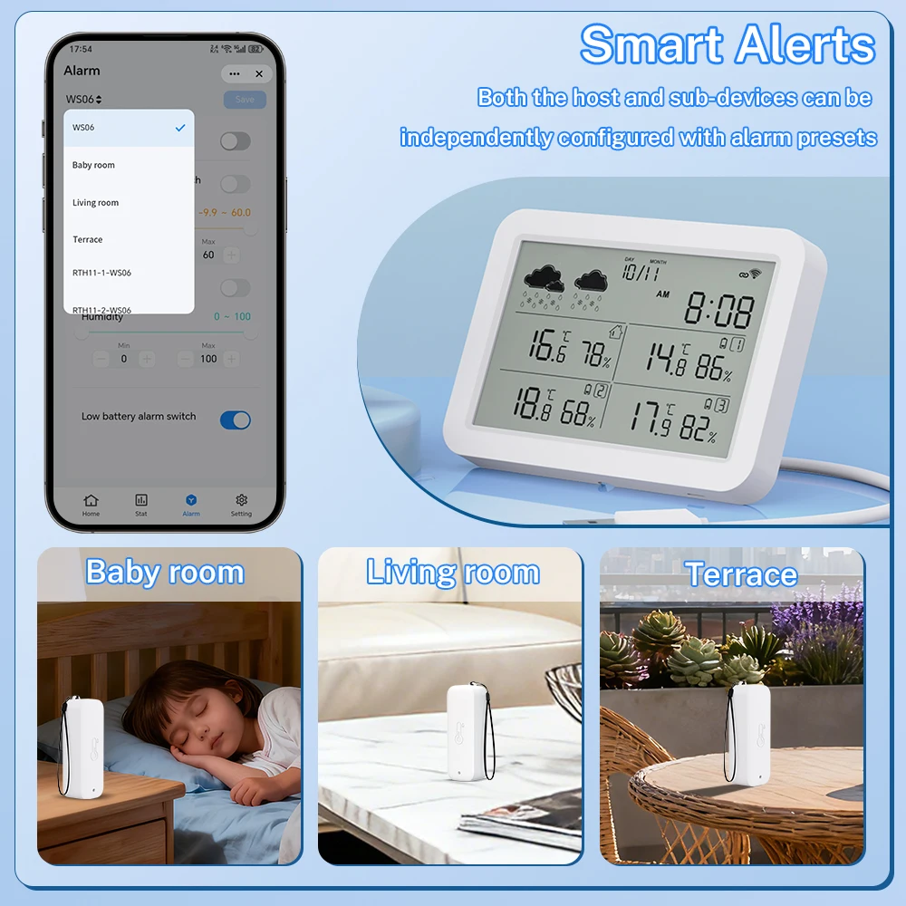 Stacja pogodowa Tuya WiFi Cyfrowy termometr Higrometr pokojowy RF433 Czujniki temperatury i wilgotności wewnętrznej i zewnętrznej Zegar stołowy/ścienny — zdjęcie produktu 4