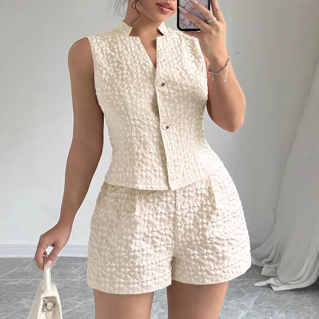 

Women Jacquard Elegant Fashion Shorts Set Solid Color Sleeveless Vest+short Pants Female Two Pieces Set Street Roupa De Mujer