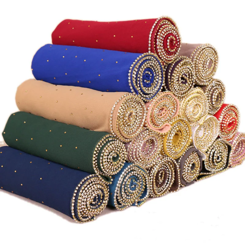 Solid Color Pearl Chiffon Chain Scarf with Full Sky Rhinestones, High-Quality Long Scarf