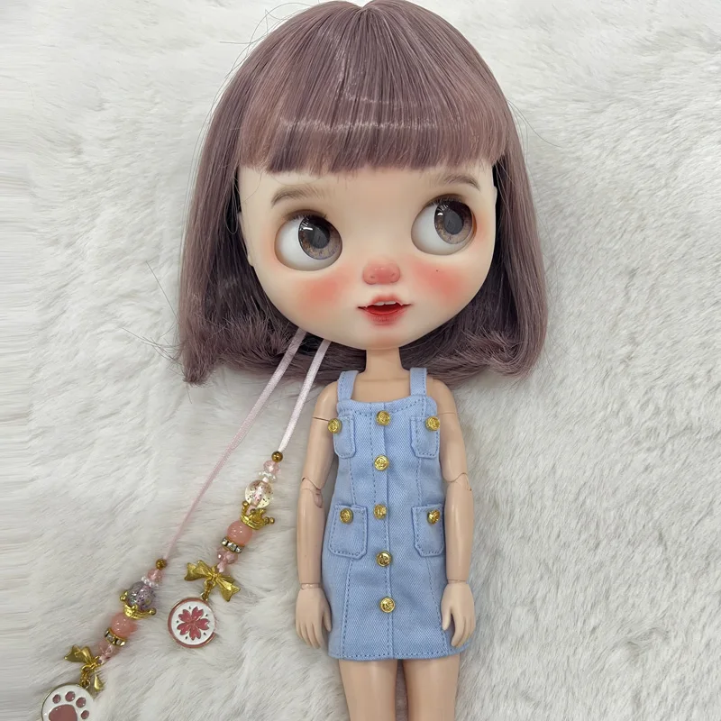 Blyth Clothes Azone OB22 OB24 Doll Accessories Fashion Denim Strap Short Skirt with Long Sleeved Dress Pleated Skirt Toy Gift