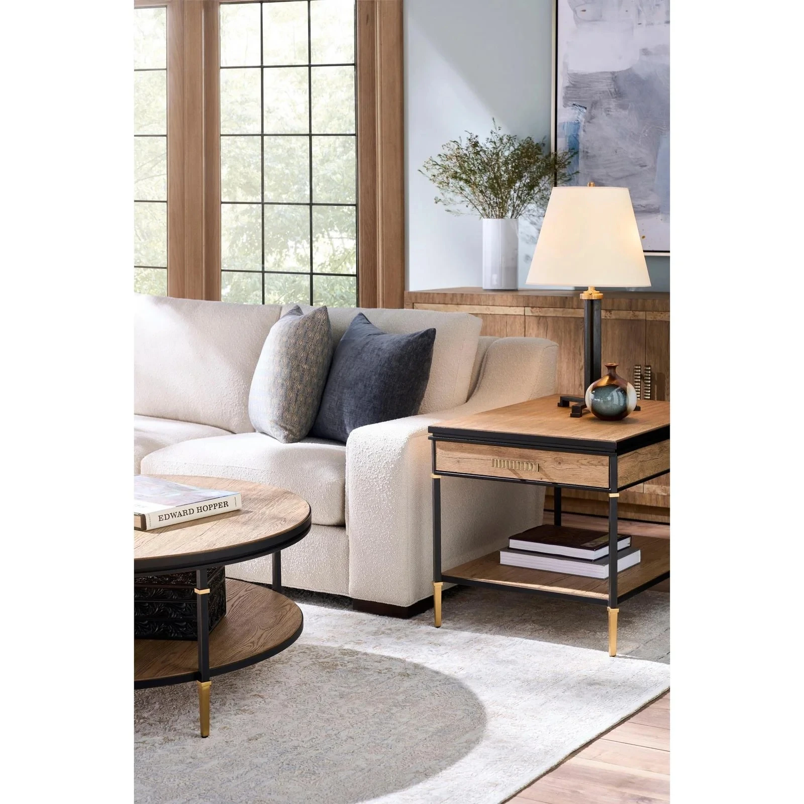 Modern Round Oak Wood Veneer Coffee Table Metal Frame Living Room Coffee Table For Hotel Office & Home