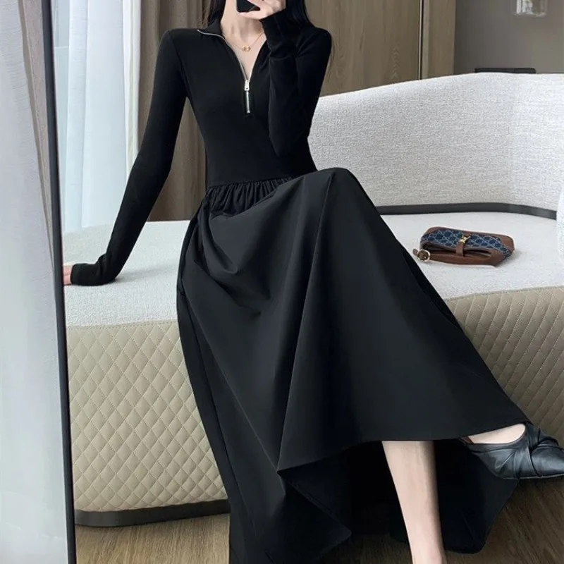 Black Maxi Dresses Women Vintage Turn-down Collar French Style Female Fashion Elegant Defined Waist Autumn Long Sleeve Vestidos