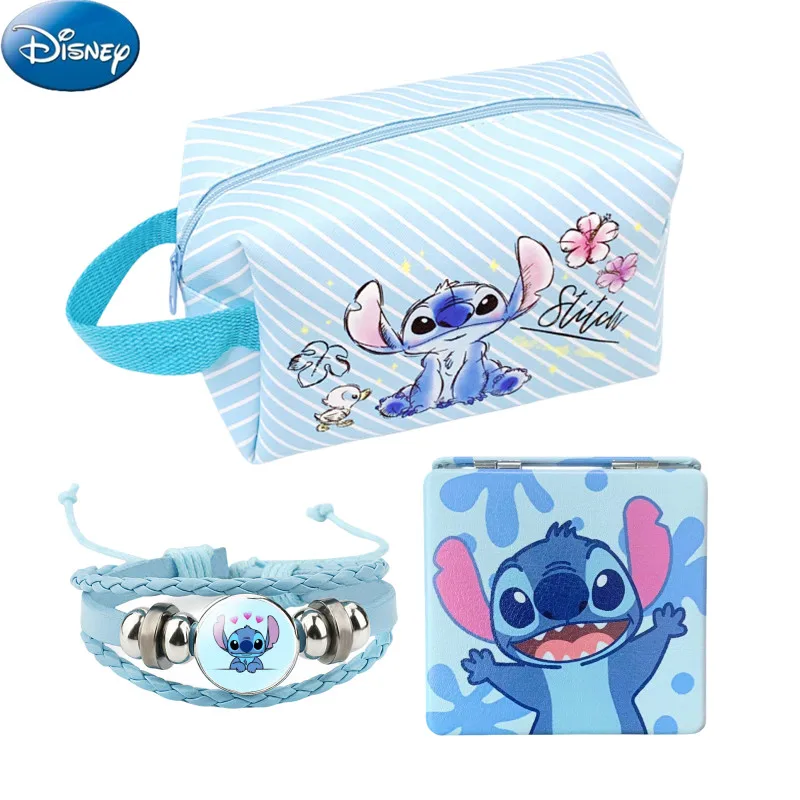 

3pcs Disney Stitch Women Stuff Travel Cosmetic Bag Mirror Stitch Bracelet Makeup Accessories Organizer Best Gift for Girls