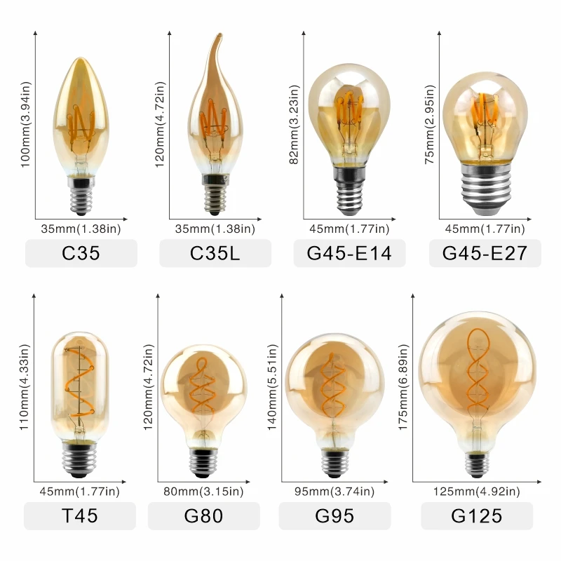 Retro LED Spiral Filament Light Bulb E14 E27 4W Warm Yellow 220V C35 A60 T45 ST64 T10 T185 T225 G80 G95 G125 Vintage Edison Lamp