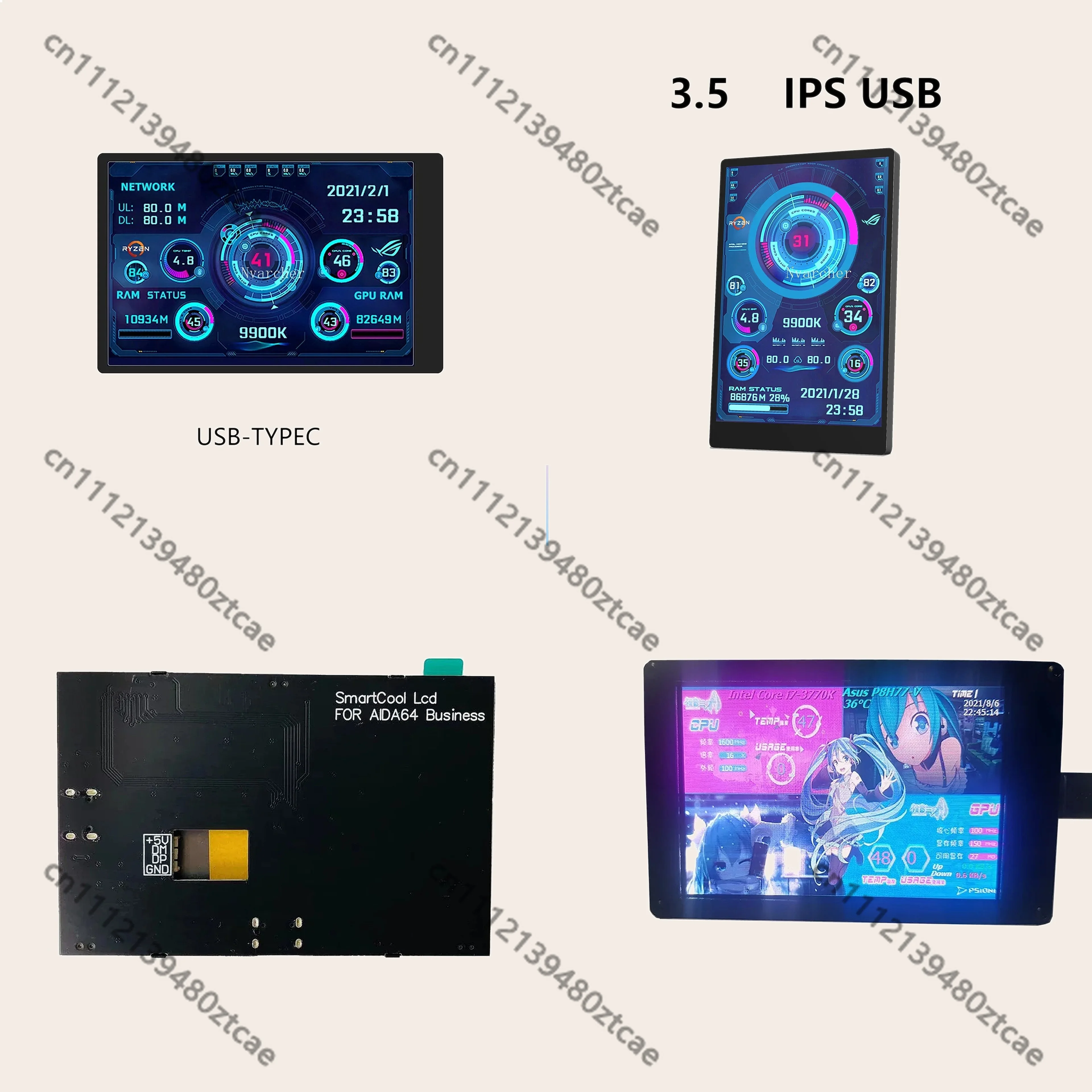 Nvarcher 3.5/5 Inch IPS LCD Monitor 480x320 USB Sub-Screen AIDA64 Support Raspberry Pi RGB Breathing Light