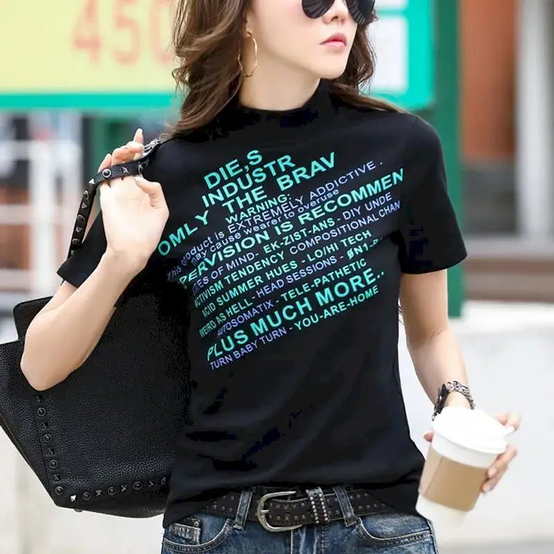 Thun Nữ Áo Sơ Mi Nửa Cao Cổ Áo Thun Nữ Tay Ngắn Cotton Mùa Hè Hợp Thời Trang Cao Cấp Phong Cách Hàn Quốc Ôm Cổ Tròn In Hình Bảng Chữ Cái Áo Thun Nữ