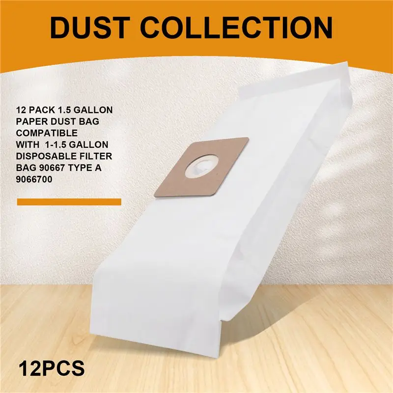 ABHU 12 Pack 1.5 Gallon Paper Dust Bag Compatible With Shop Vac 1-1.5 Gallon Disposable Filter Bag 90667 Type A 9066700