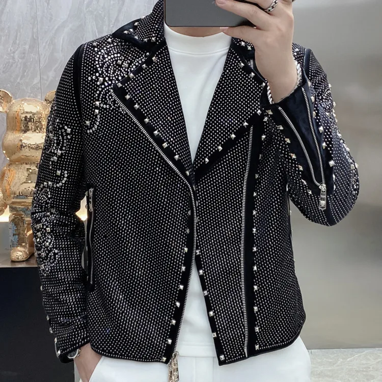 European Luxury Brand Retro Jacket Men Jaqueta Bomber Diamond Men Jacket Coat Fashion Rhinestones Punk Club Outfit Slim Jacket