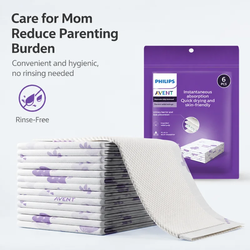 Avent BL65365 Disposable Baby Changing Pad Waterproof Absorbent Soft Breathable Leak Proof 6 Pack Travel Sleep Diaper Mat M Size