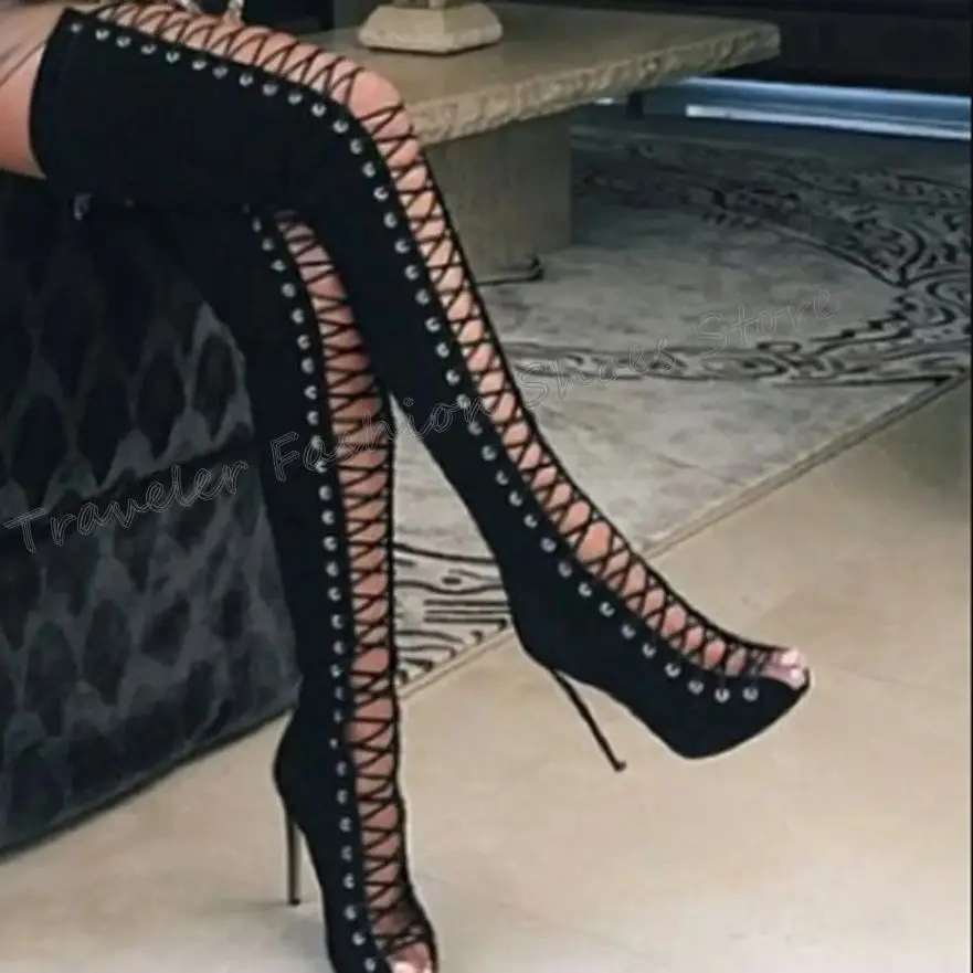 Black Open Toe Lace up Boots Over the Knee Stilettos High Heels High Heel Shoes for Women Heels 2024 New Zapatos Para Mujere