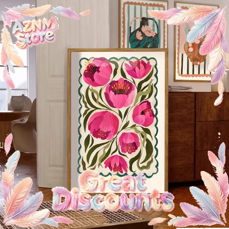 2026 Pfingstrose, Farbenfrohe, Ausgefallene Handgezeichnete Kunst, Pfingstrosen, Farbenfrohe Kunst, Leuchtender Farbenfroher Kunstdruck, Moderner Kunstdruck auf Leinwand
