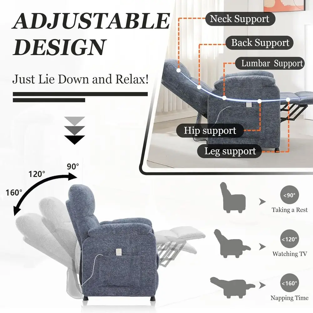 Electric Power Recliner Chair with Remote Control, Side Pockets for Small Spaces, Suitable for Adults - Blue