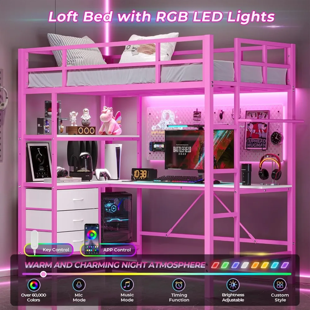 Pink Twin Loft Bed with L-Shaped Desk, LED Lights, Charging Station & Storage Shelves