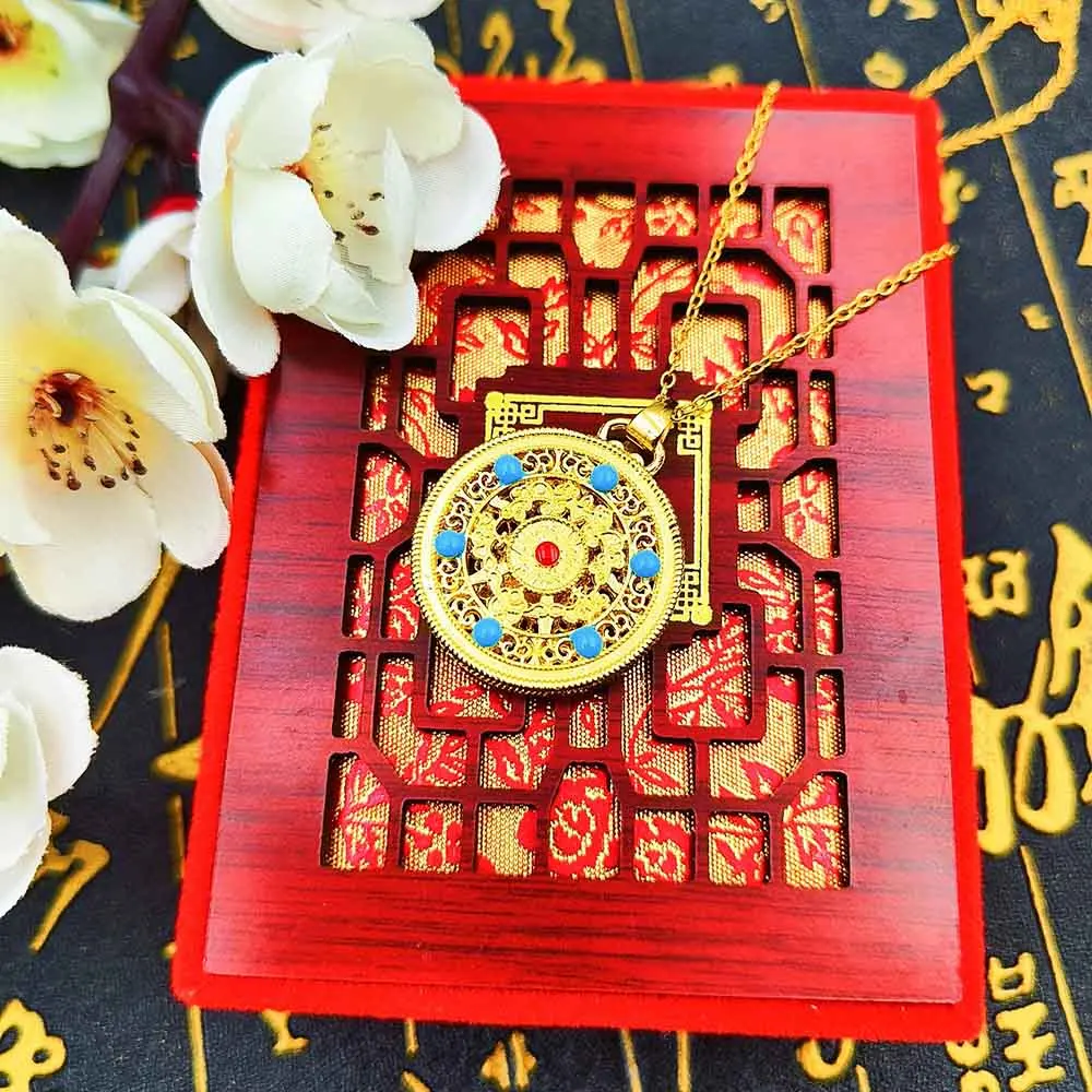 Rotating Sand Gold Round Pendant Ancient Method Five Blessings Perfect Jewelry Eight Treasures Compass