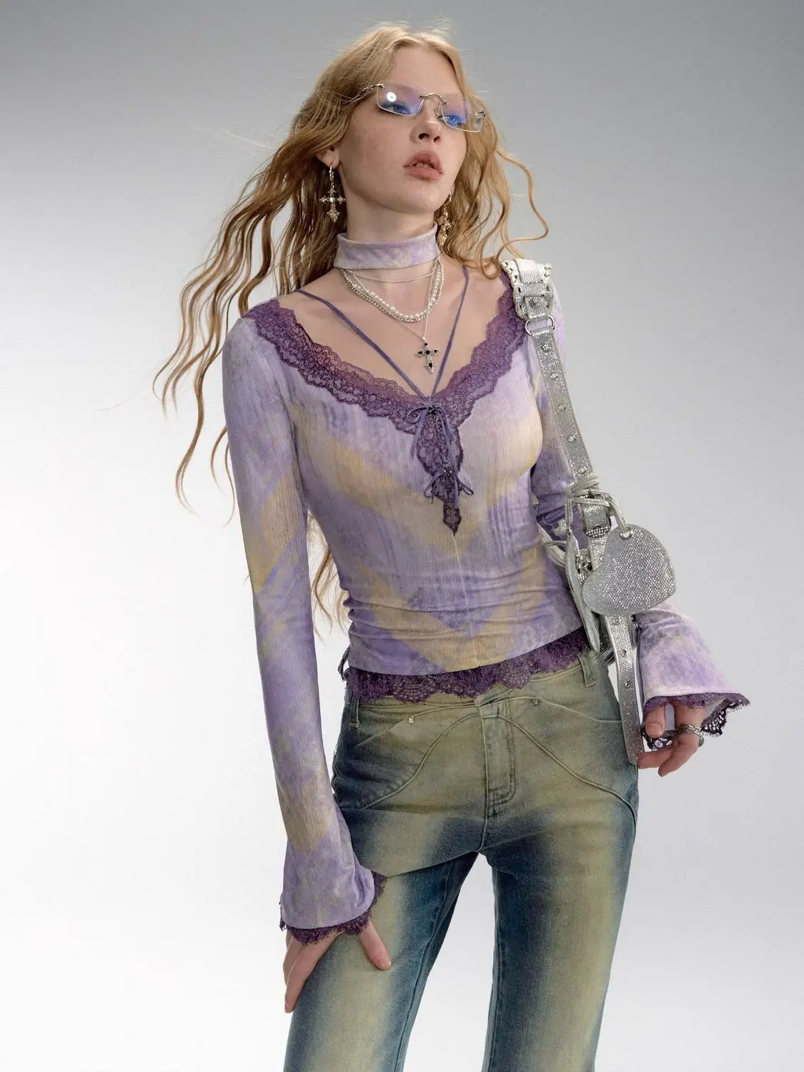 

Purple Plaid Lace Patchwork Long Sleeve Tops Women's Sexy T-shirt Fashionable Vintage Style Female Pullover Slimming Shirt