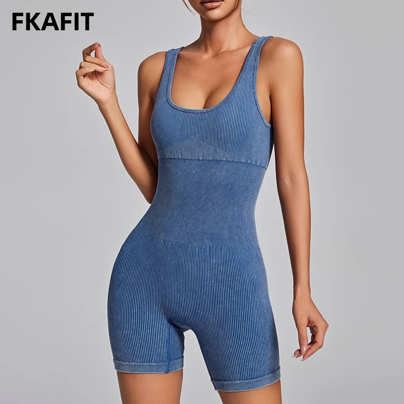 Damskie kombinezony do jogi prążkowane jednoczęściowe wyściełane podkoszulki pajacyki bez rękawów Acid Wash odzież sportowa Unitard seksowny Bodycon