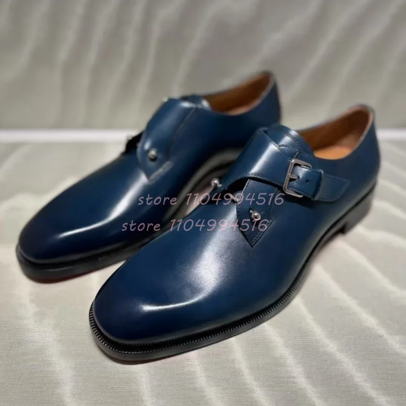 

Blue Leather Belt Buckle Low Heels Oxford Shoes Men Metal Decor Round Toe Formal Shoes Men's Lace Up Business Wedding Shoes New