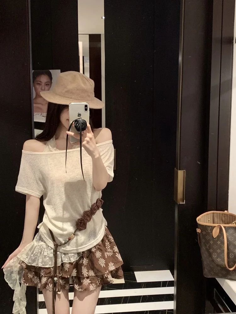 

Lace Trim Floral Print Dress Women's Summer Fashion Set Thin Layered Wear Short Skirt round Neck Short Sleeve Casual Style