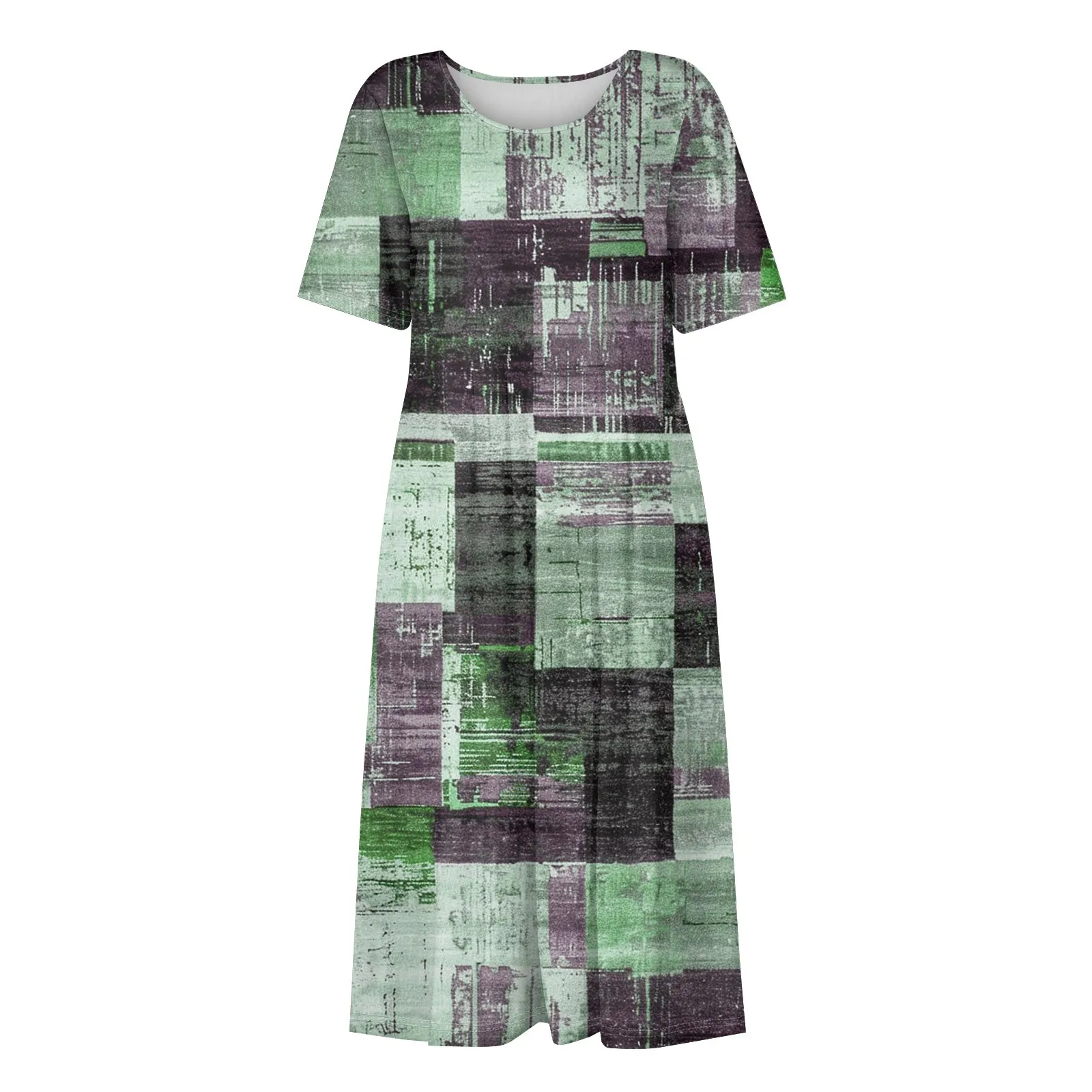 Vestido longo estampado floral boho feminino, gola redonda, manga curta, linha A, vestidos longos, vestido de verão feminino, vestido de verão casual, 2024