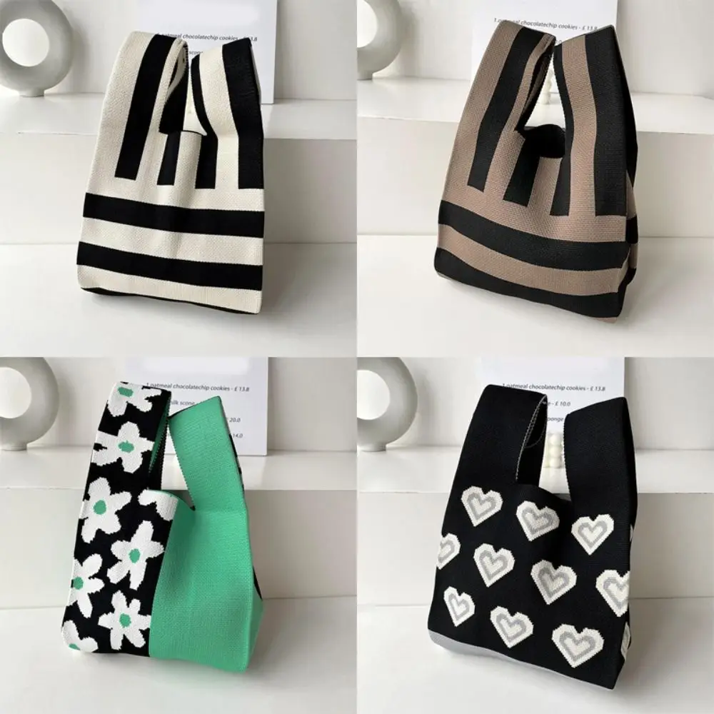 Knitted Wrist Bag Women Bag Casual Shoulder Tote Bag Flower Heart Female Reusable Shopping Bags Woven Handbag