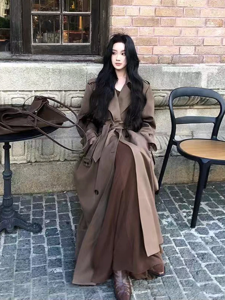 معاطف الخريف الكورية ميدي النساء Y2K موضة مزدوجة الصدر سترة فضفاضة Harajuku أنيقة هيبورن نمط كل مباراة ملابس خارجية طويلة