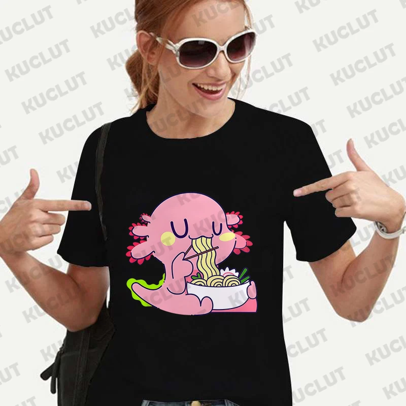 Summer Women Fashion T-shirts Funny Axolotl Eating Ramen Noodles Cute Kawaii  Graphic Tshirt Vintage Ladies Tee Female Shirt Top