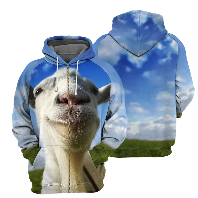 3D animal print undershirt with zipper hood for men, fun streetwear, goat, giraffe, pink flamingos, winter fashion, new