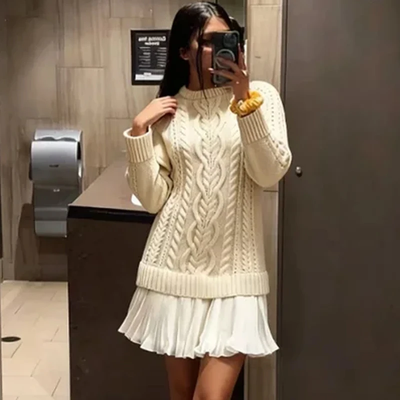 

Autumn Winter Women Long Sleeve Sweater Dress Suit Crew Neck Stitching Pleated Dresses Solid Warm Pullover A-Line Mini Dress Set